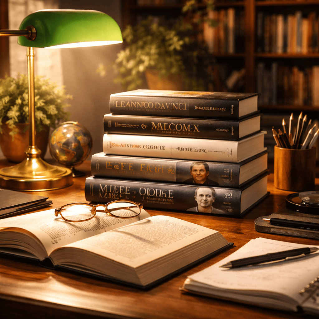 Stack of biography books on a wooden desk