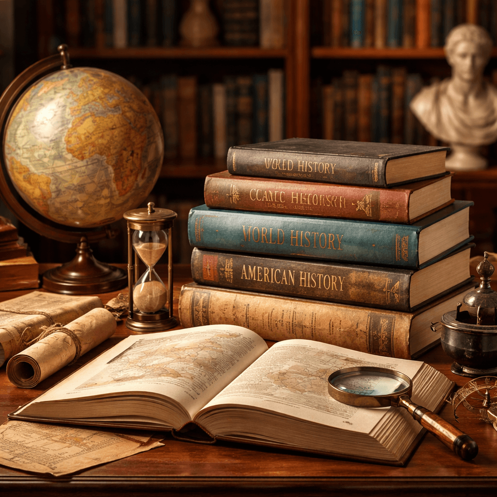 Ancient history books and maps on a table