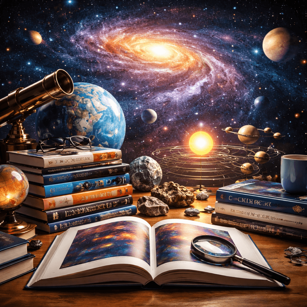 Science books with molecular model and telescope